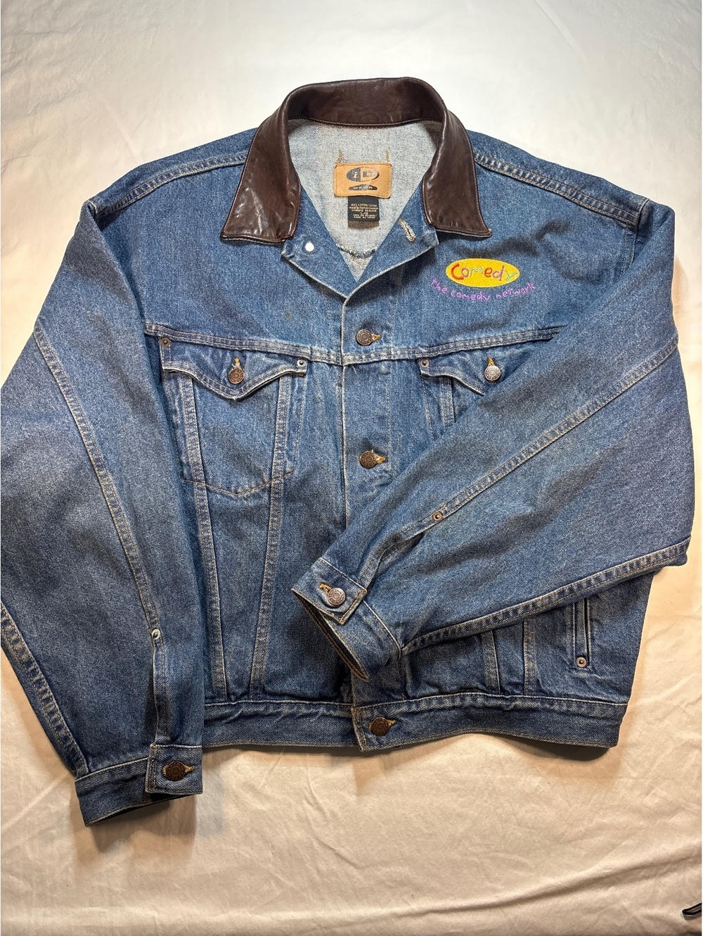 Rare Vintage The Comedy Network Denim Jacket Leather Collar Canadian TV Promo